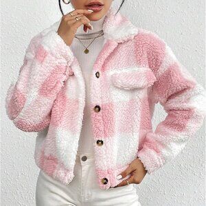 Pink Casual Women's Buffalo Plaid Pattern Flap Pocket Drop Shoulder Teddy Jacket
